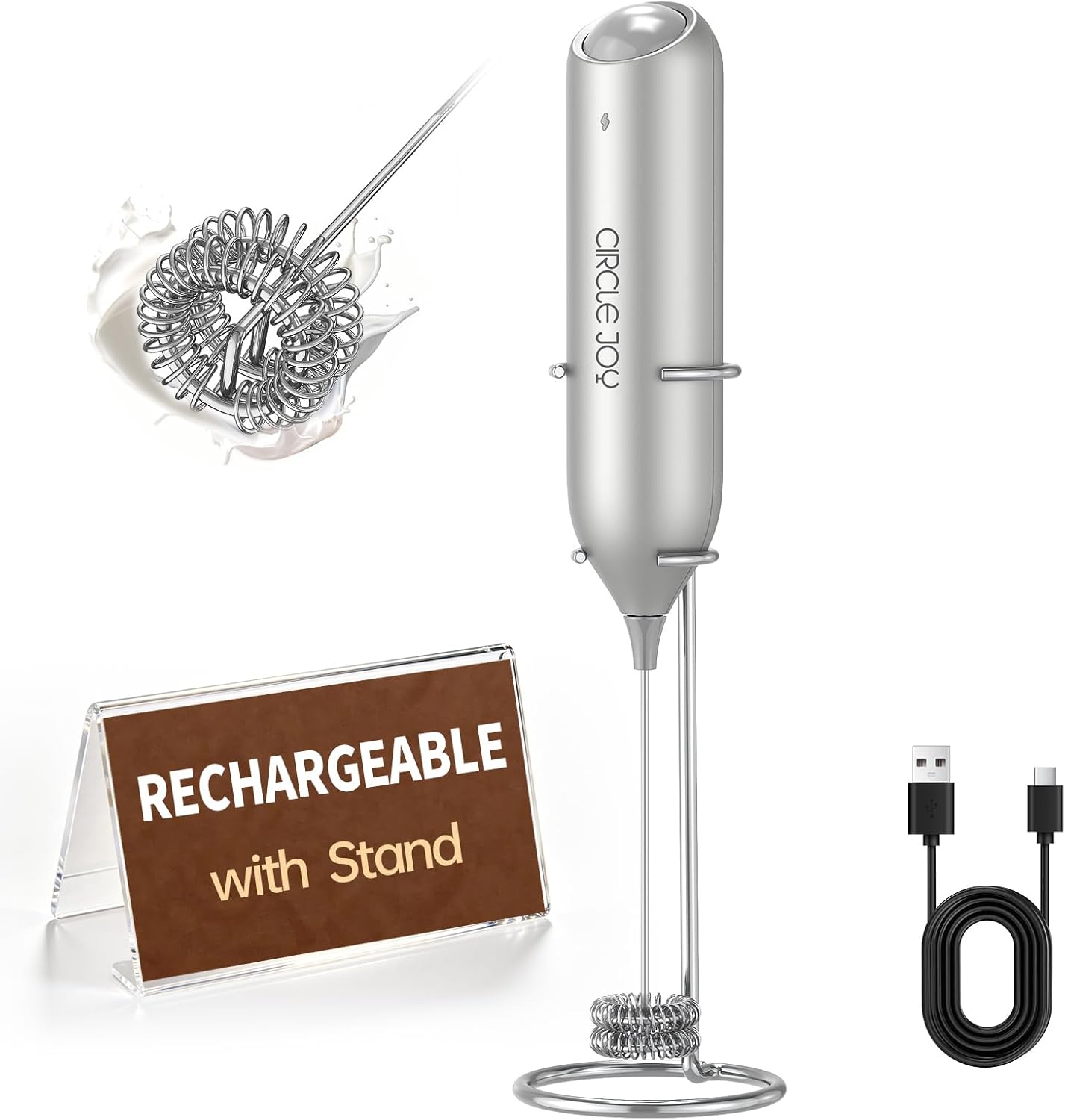 Milk Frother - Rechargeable Milk Frother Handheld with Stand,