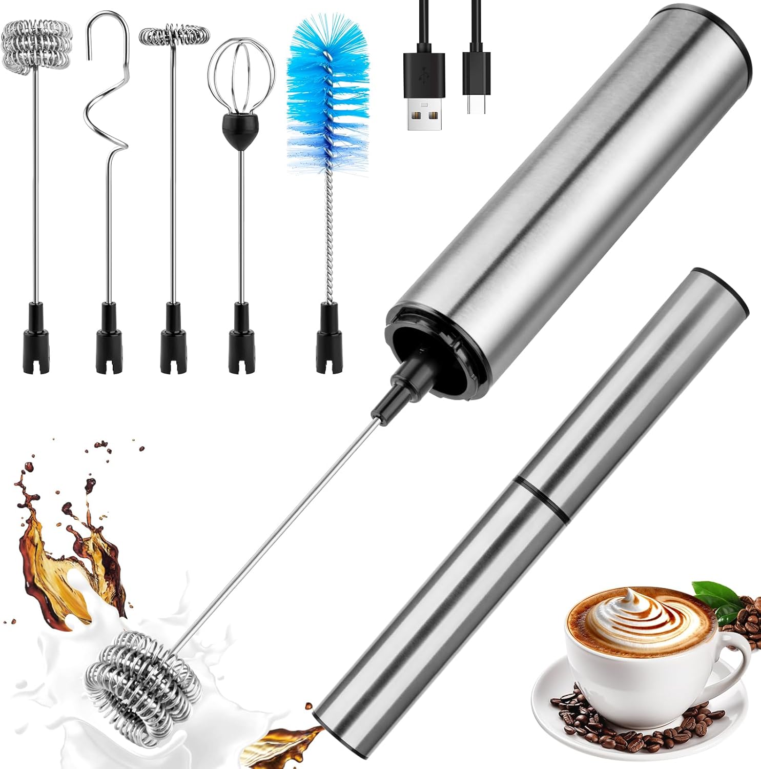 Milk Frother - Rechargeable Milk Frother Wand, 5 Heads